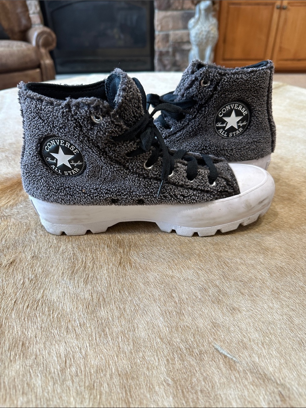 Converse Women’s High-Top Sherpa Sneakers in Charcoal and White